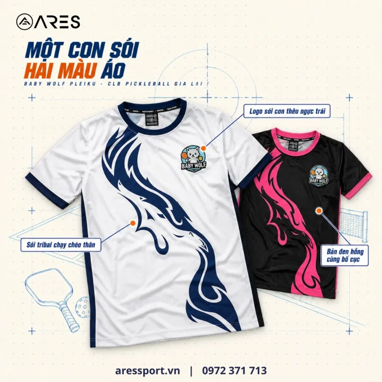 Ảnh minh họa áo pickleball cổ tròn ARES may cho CLB Baby Wolf Pleiku: sói tribal chạy chéo thân, bản trắng navy và đen hồng
