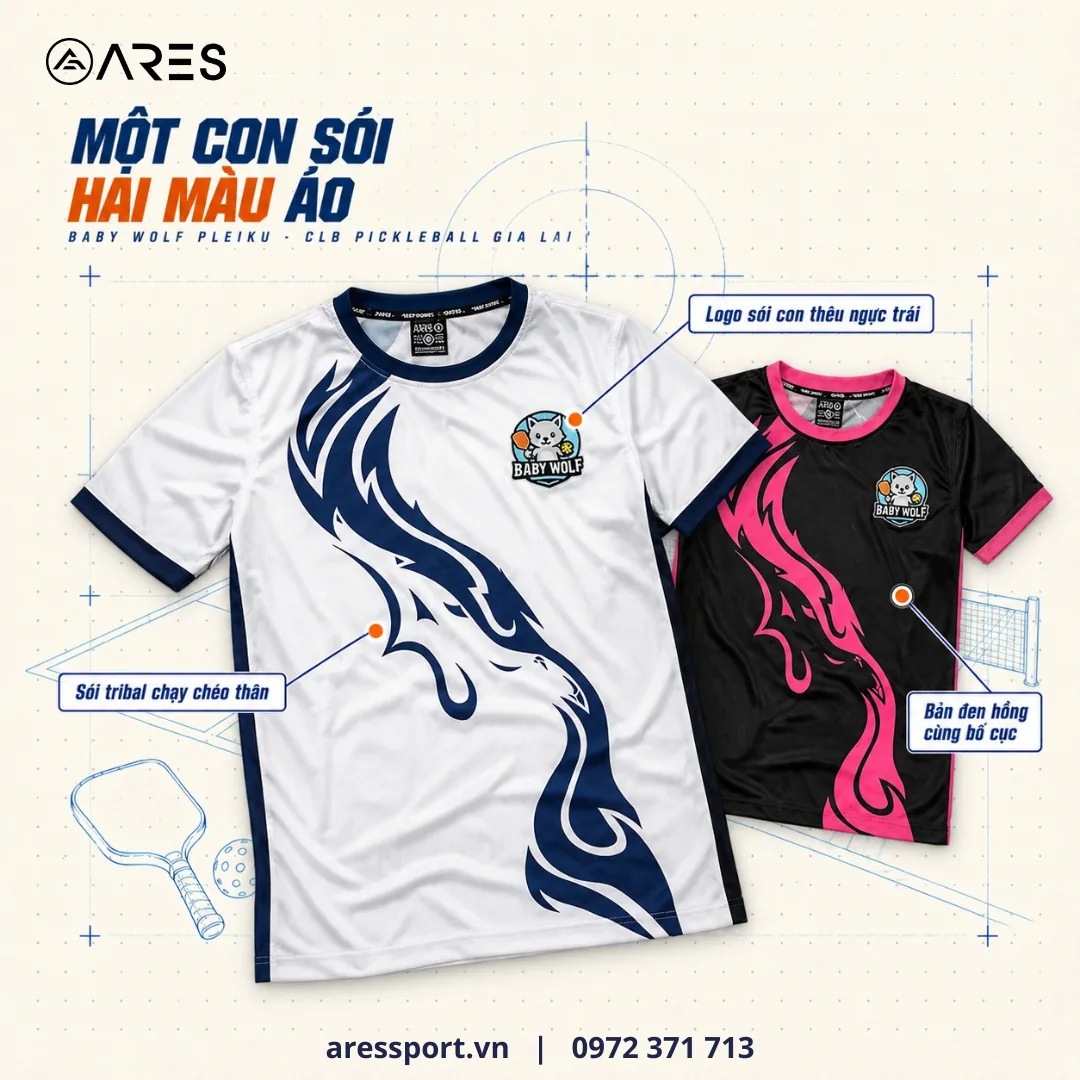 Cách chọn áo pickleball cho đội và CLB: kiểu cổ, vải, size, in tên Ảnh minh họa: áo pickleball cổ tròn ARES may cho CLB Baby Wolf Pleiku, họa tiết sói tribal chạy chéo thân, bản trắng navy và bản đen hồng