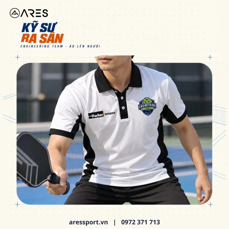 Ảnh minh họa áo lên người do AD dựng cảnh: áo polo pickleball trắng đen Engineering Team