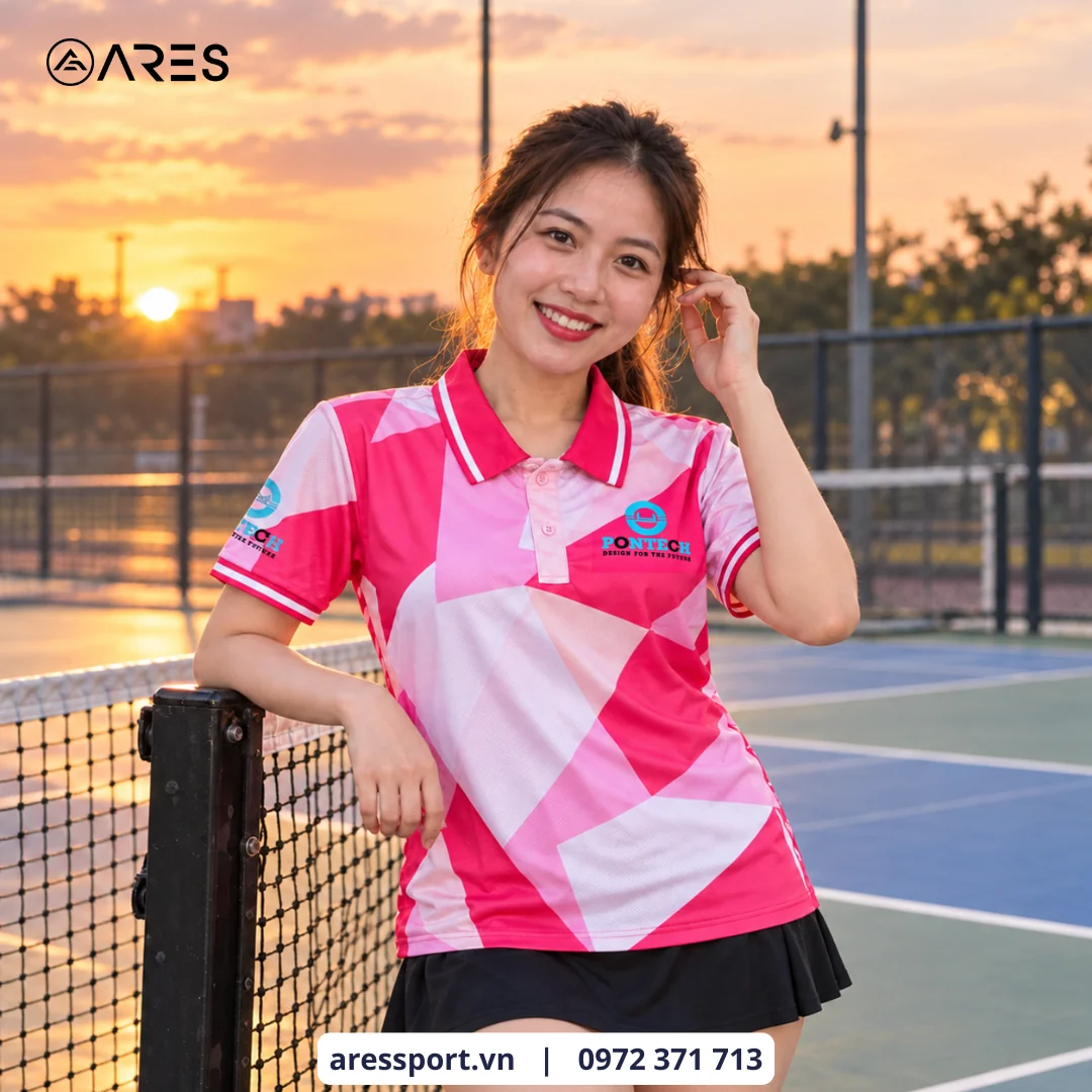Ảnh minh họa áo lên người do AD dựng cảnh: người mẫu nữ mặc polo hồng giải Pontech Pickleball Open ARES may bằng vải Mè Thái Pro, sân pickleball lúc hoàng hôn