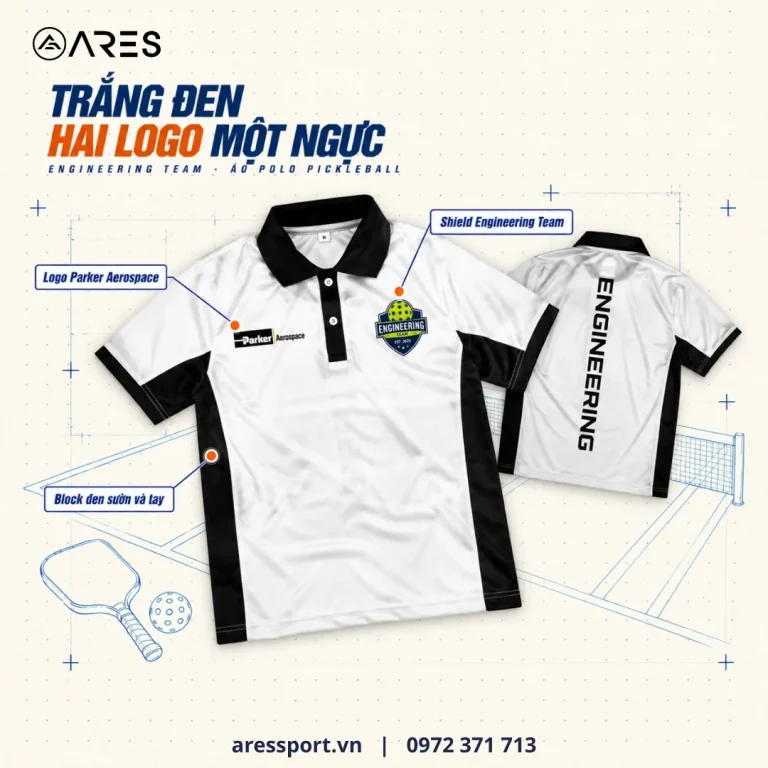Ảnh minh họa áo polo pickleball trắng đen ARES may cho Engineering Team: hai logo hai bên nẹp, lưng in dọc chữ ENGINEERING