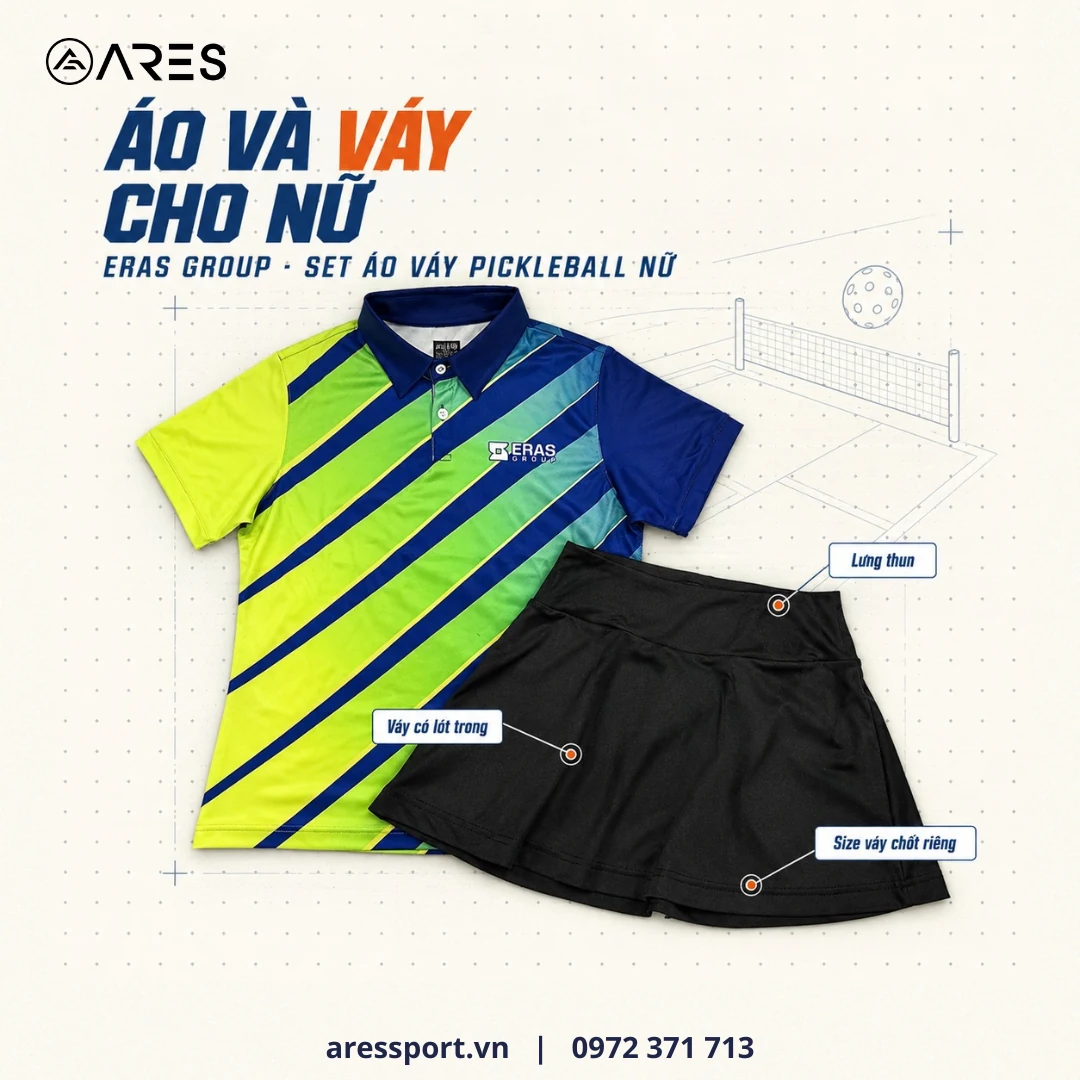 Cách chọn áo pickleball cho đội và CLB: kiểu cổ, vải, size, in tên Ảnh minh họa: set áo polo và váy pickleball nữ ARES may cho ERAS Group, váy có lót trong, lưng thun
