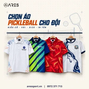 Ảnh minh họa: bốn mẫu áo pickleball ARES đã may cho Motorola Solutions, ERAS Group, VietinBank và CLB Baby Wolf Pleiku treo cạnh nhau