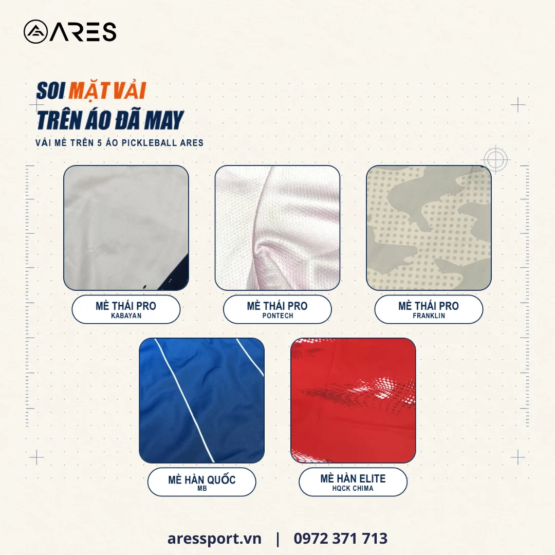 Ảnh cận mặt vải mè trên 5 áo pickleball ARES đã may: Mè Thái Pro của Kabayan, Pontech, Saigon Pickleball; Mè Hàn Quốc của áo MB; Mè Hàn Elite của CLB HQCK ChiMa