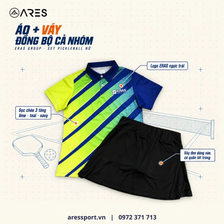 Ảnh minh họa set áo polo và váy pickleball nữ ARES may cho ERAS Group: sọc chéo lime, teal, navy, váy đen dáng xòe