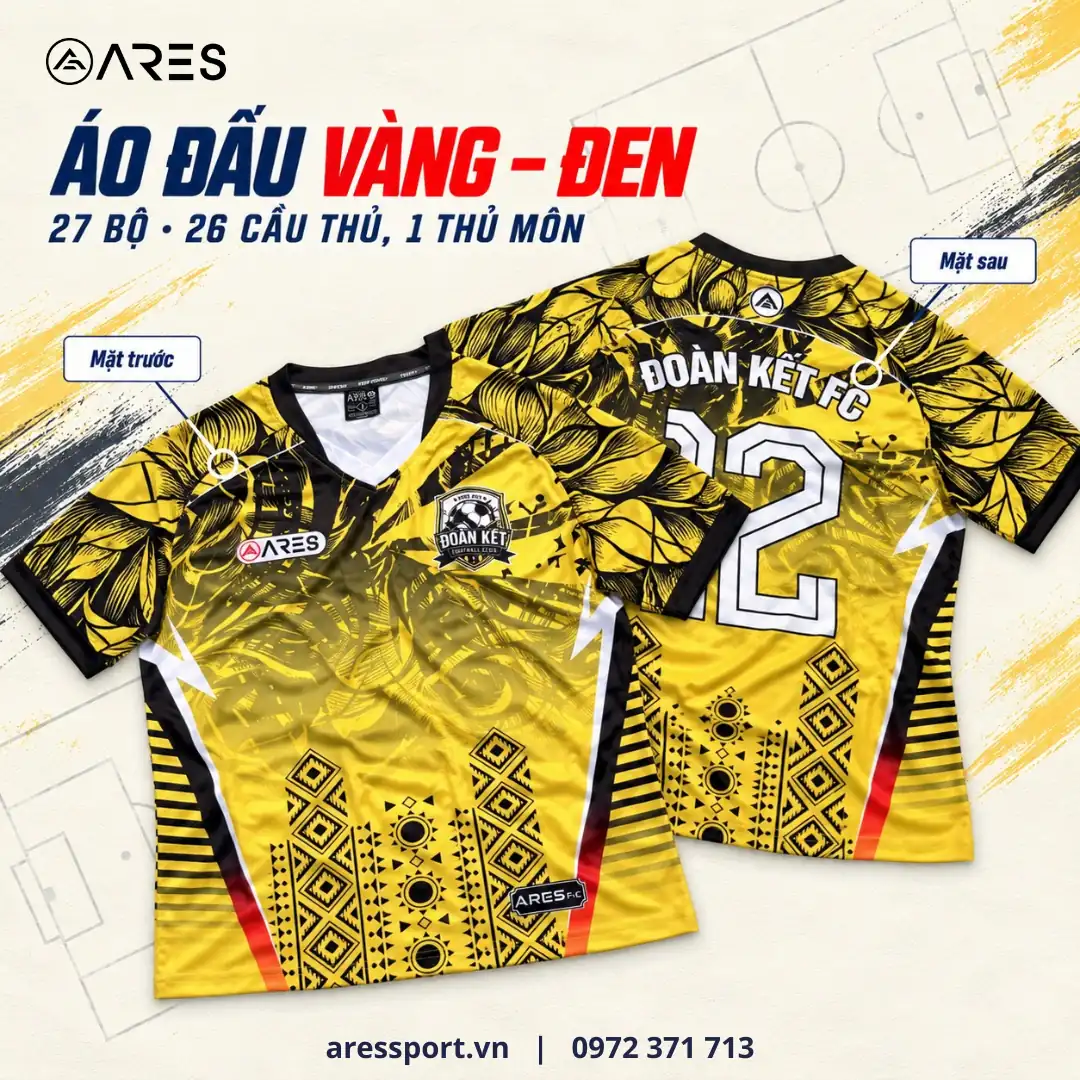 Áo bóng đá Đoàn Kết FC vàng đen mặt trước và mặt sau, chữ ĐOÀN KẾT FC uốn vòng phía trên số 12