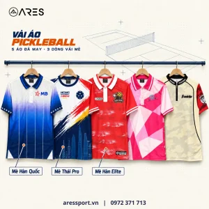 Ảnh minh họa: 5 áo pickleball ARES đã may cho MB, HCMC Pickleball Kabayan, CLB HQCK ChiMa, Pontech và Saigon Pickleball treo cạnh nhau, ghi dòng vải Mè Hàn Quốc, Mè Thái Pro, Mè Hàn Elite